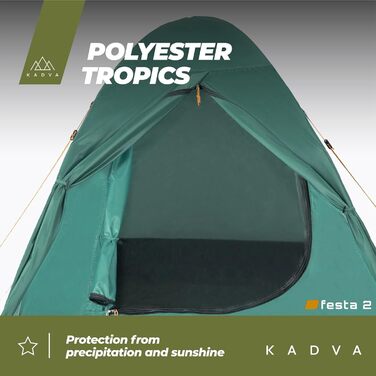 Намет KADVA для кемпінгу Festa 2, 200x120x105 см, на 2 особи, з москітною сіткою, водонепроникний, легкий, міцний, з каркасом з фібергласу, для кемпінгу та піших прогулянок, зелений