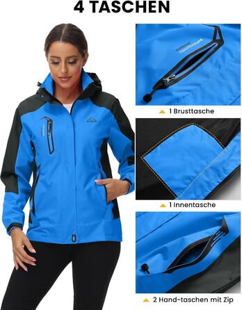 Жіноча трекінгова куртка Outdoor, вітронепроникна та водонепроникна куртка-дощовик, дихаюча функціональна куртка з відстібаною капюшоном (Блакитна, M)