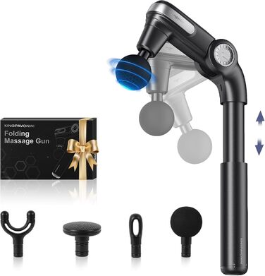 Масажер для тіла KingPavonini з висувним руків'ям та складним голівкою, масажна пістолета для спини з 3 регульованими кутами та 4 насадками, масажер - подарунок для чоловіків та жінок, чорний