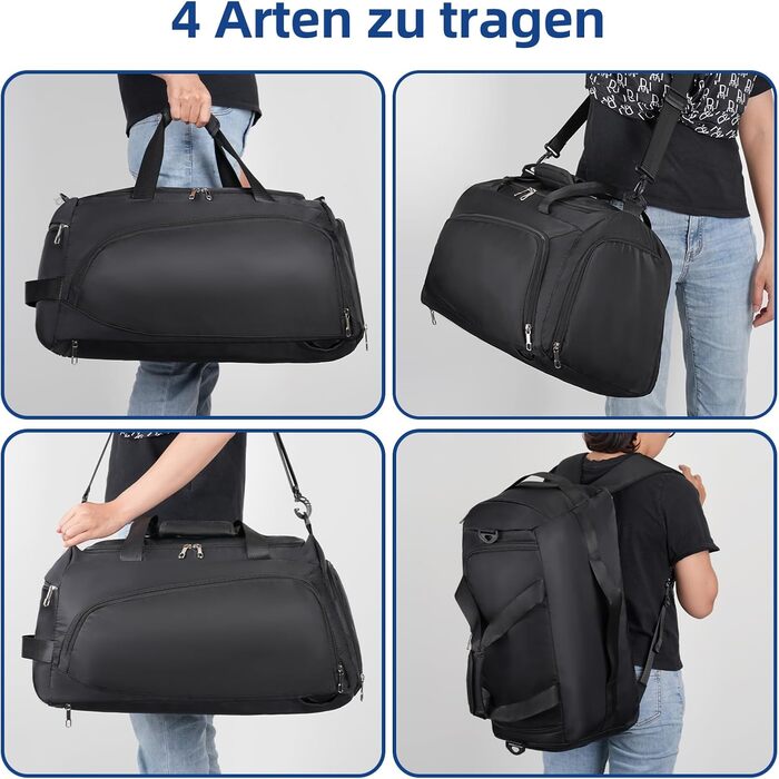 Спортивна сумка-рюкзак для чоловіків та жінок - містка дорожня/тренувальна сумка з відділенням для взуття та мокрих речей, 50 x 28 x 25 см, чорна