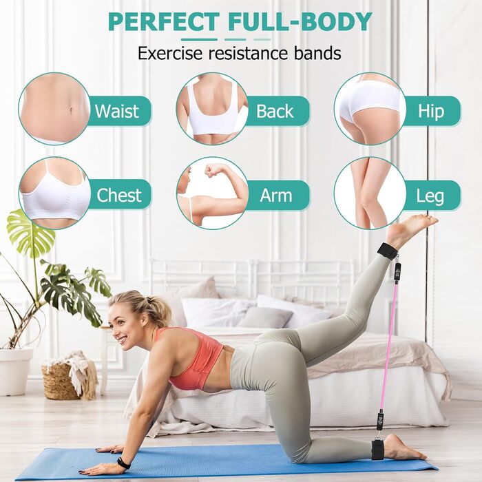 Pilates Bar WenYa з гумовими стрічками для фітнесу, 82 кг (рожевий) + кріплення для дверей та ремінці на щиколотки. Пілатес, йога, домашні тренування.