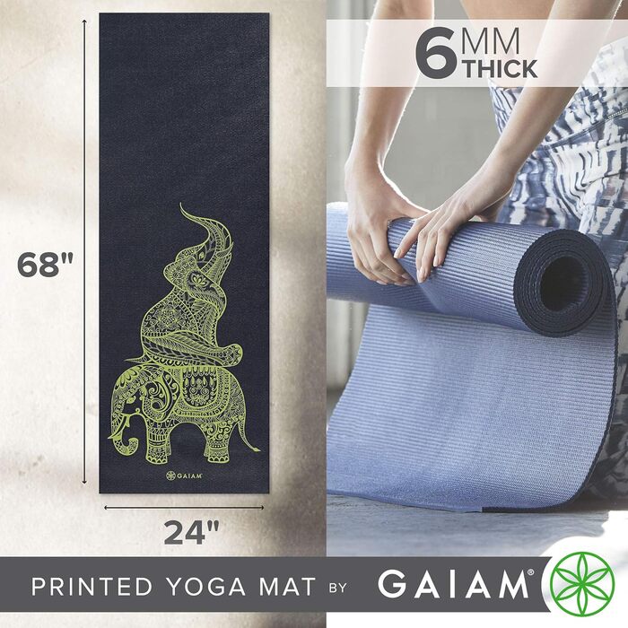 Килимок для йоги Gaiam Premium 6 мм, нековзний, з принтом Tribal Wisdom Elephant, для йоги, пілатесу та фітнесу, 172x61x0,6 см