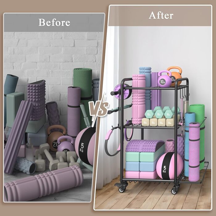 Стійка для зберігання йогаматів, гантелей, м'ячів для фітнесу, ролів, органайзер для спортивного інвентарю з гачками та колесами