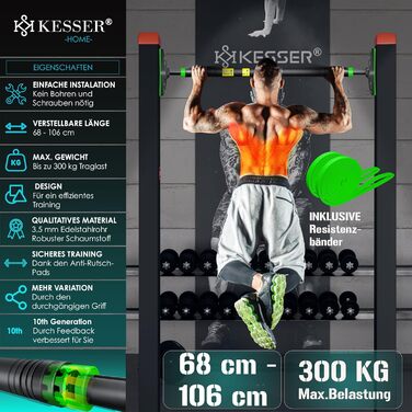 KESSER® Турнік для дверей регульований, турнік для домашніх тренувань, турнік без свердління, висувний 68-106 см, вантажопідйомність до 300 кг, з неслизькими ручками, з еластичними стрічками (зелені)