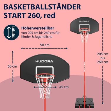 Баскетбольний стенд HUDORA Start: регульована висота, мобільна установка для дітей, підлітків та дорослих, вуличний баскетбольний кошик на колесах (260 см)