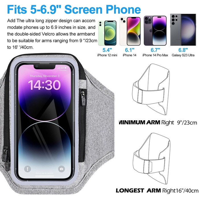 Спортивний браслет для телефону з кишенею для навушників, чохол для телефону для бігу 6.9 дюймів, кріплення на руку для iPhone 17 16 15, спортивний браслет, знімний тримач для телефону, для джоггінгу (світло-сірий)