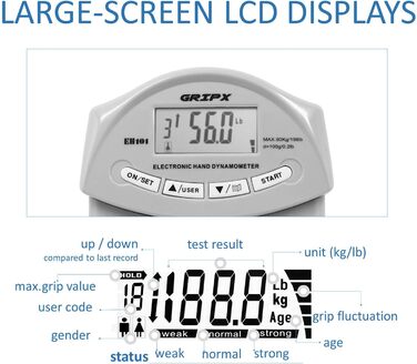 Цифровий динамометр GRIPX для вимірювання сили хвата, автоматичний, 90 кг / 198 lbs (сірий)