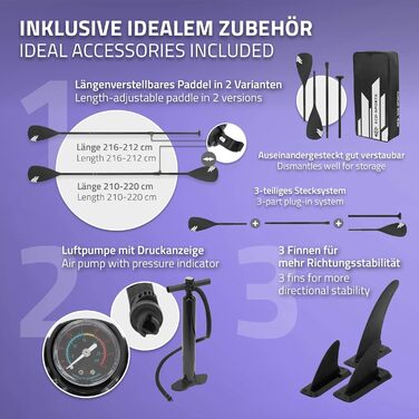 Надувний SUP Борд ECD Germany для каякінгу, 305-380 см, до 120/150 кг, 10/15 см товщина, комплект з каяком, сумкою та веслом (різні моделі) - Чорний