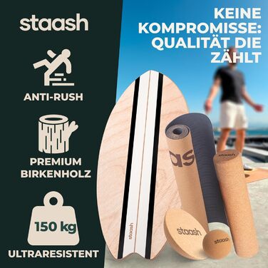 STAASH® PRO Балансборд з берези – Преміум 5-в-1 набір для балансу, фітнесу та реабілітації. Ролик + півсфера + килимок. Витримує до 150 кг (матовий чорний)