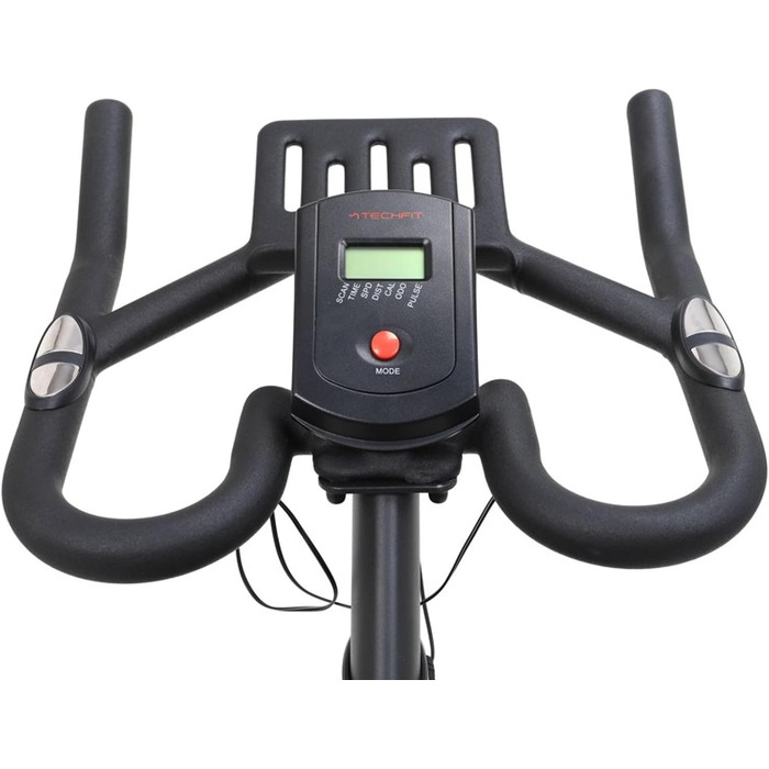 Велотренажер TechFit Professional Indoor Cycle з маховиком 20 кг, магнітним опором (99 рівнів), Bluetooth, дисплеєм, кріпленням для планшета, алюмінієвими педалями та регульованим кермом. Максимальна вага користувача: 200 кг. Розміри: 117x107x53 см