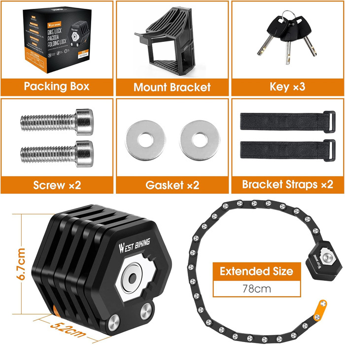 Замок для велосипеда ICOCOPRO Faltschloss, 85 см, висока безпека (чорний)