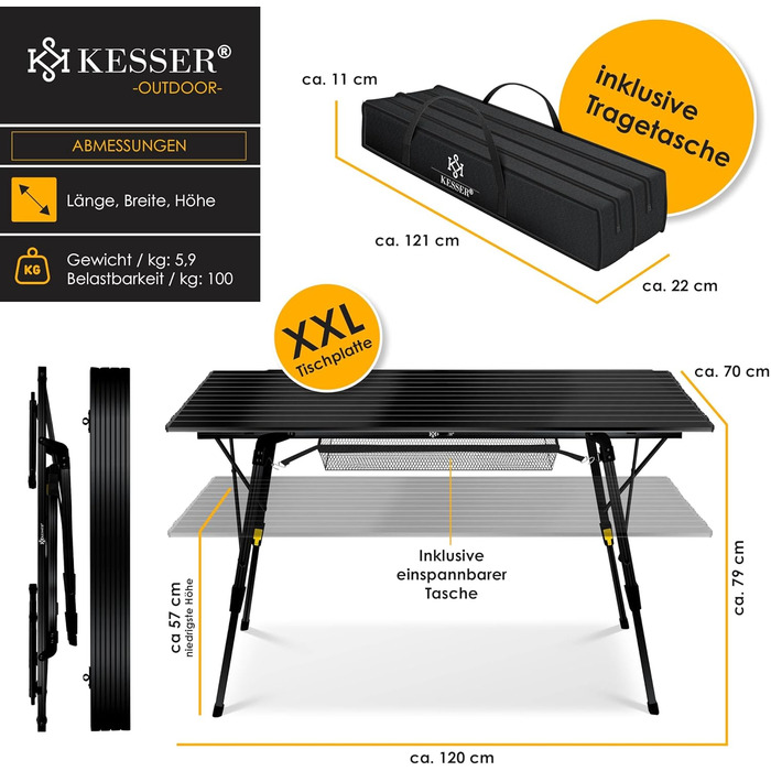 Стол для кемпінгу KESSER® розкладний, з алюмінієвим каркасом, регулювання висоти, 120x70 см, до 100 кг, з сумкою та сітчастою кишенею, чорний