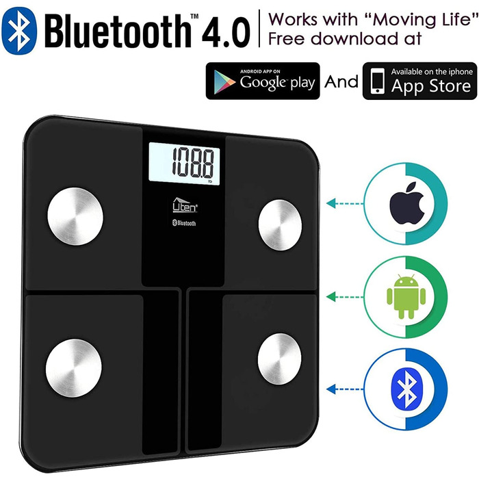 Цифрова вага-аналізатор жиру Uten з Bluetooth, додатком, 180 кг, чорна