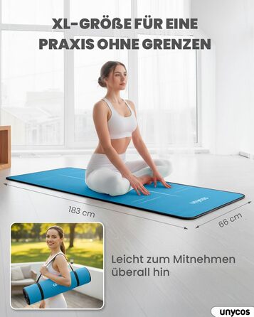 Килимок для йоги Unycos з неслизькою поверхнею | Висока щільність 6/10/15 мм, тренувальний килимок для гімнастики з ременем для перенесення, з електронною книгою. Дружній до шкіри фітнес-килимок для пілатесу, тренувань, спортзалу (#21 Синій + Чорний, 183*