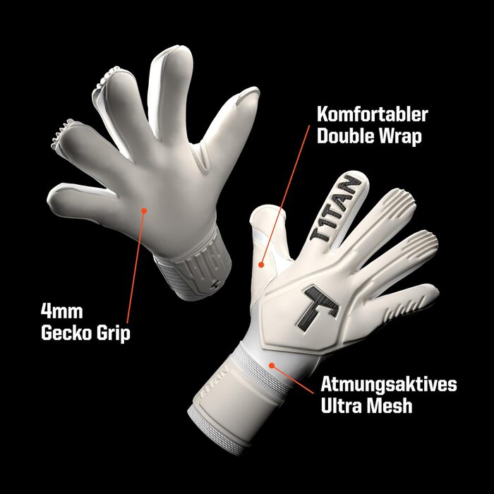 Воротарські рукавички T1TAN Legend White-Out для дорослих та дітей, професійні, з покриттям Gecko Grip 4 мм, Made in Germany, білі