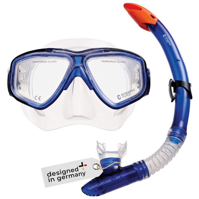 Набір для снорклінгу La Gomera Pro для дорослих - Німецький дизайн. Професійний набір для дайвінгу (подвійне маске, маска, сухий сноркель та сумка) з безпечним склом, блакитний