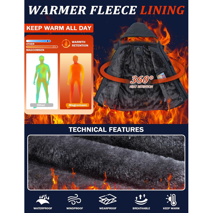 Чоловіча зимова куртка MAGCOMSEN, водонепроникна, з флісовою підкладкою, вітрозахисна, для туризму та активного відпочинку, знімний капюшон (L, темно-сірий)