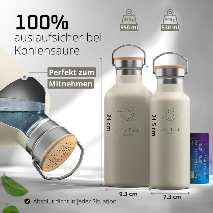 Фляга для води з нержавіючої сталі з трубочкою та інфузером, 3 кришки: BPA-free, не протікає, підходить для газованої води - 950 мл, Cream White, бамбук