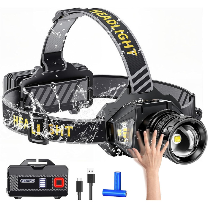 Ліхтар на лоб Spardar 120000 люменів, акумулятор 9000 mAh, регульований, 7 режимів, IPX7, для кемпінгу, полювання та бігу (білий/жовтий)