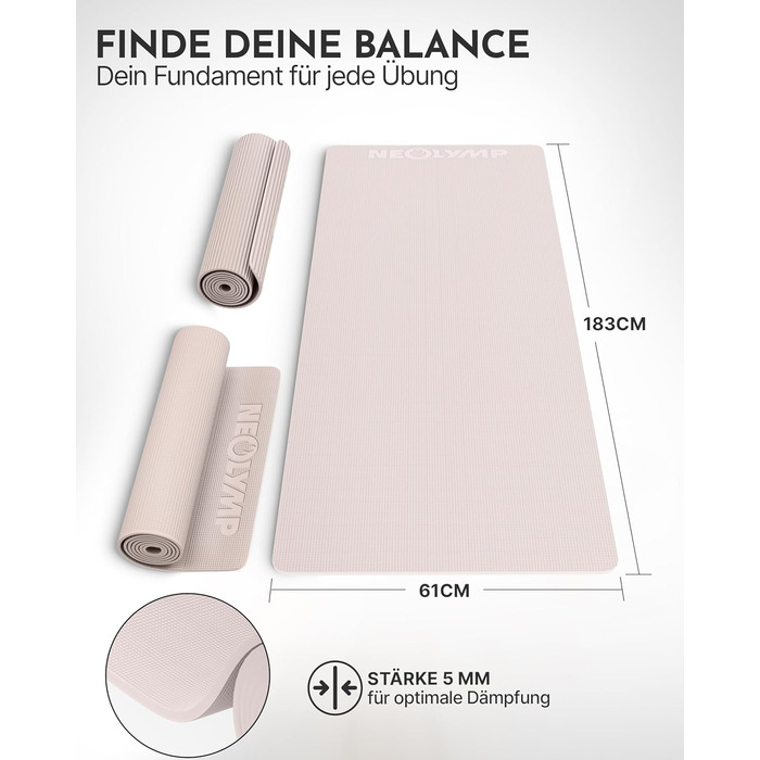 Килимок для йоги NEOLYMP - неслизький, для захисту суглобів - 183x61 см - PVC - для йоги, пілатесу - з E-book та відео-управами (Taupe)