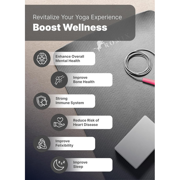 ROMIX Килимок для йоги 183x80 см, 10-15 мм товщина, неслизький, екологічний, гіпоалергенний, без латексу, сірий, для дому та подорожей