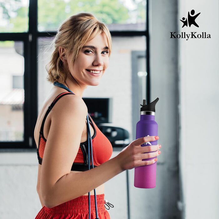 Фляга для води KollyKolla 750мл з нержавіючої сталі, ізольована, з трубочкою, без BPA, для газованої води, вакуумна термофляга, для дорослих, універсальна, для спорту, офісу, тренажерного залу, велосипеда, кемпінгу, темно-синій колір