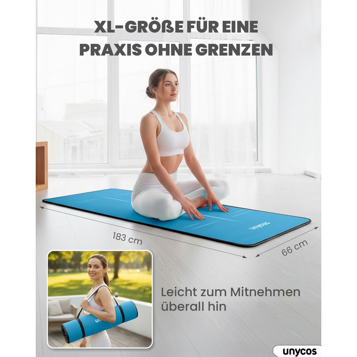 Килимок для йоги Unycos з неслизькою поверхнею | Висока щільність 6/10/15 мм, тренувальний килимок для гімнастики з ременем для перенесення, з електронною книгою. Дружній до шкіри фітнес-килимок для пілатесу, тренувань, спортзалу (#21 Синій + Чорний, 183*