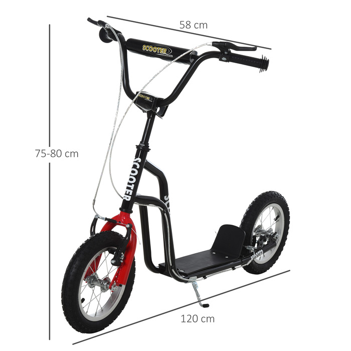Дитячий самокат HOMCOM Scooter City Scooter від 5 років кікборд з 12 дюймовими пневматичними шинами в чорному кольорі 120x58x75-80 см для безпечної їзди