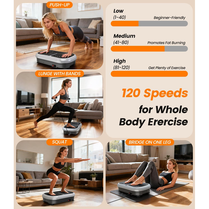 Вібраційна платформа 200W для фітнесу з пультом дистанційного керування, 120 рівнів, ультразвук та гумові ніжки – для домашніх тренувань, підтяжки м'язів та регенерації, ідеально для жінок та людей похилого віку, сріблястого кольору