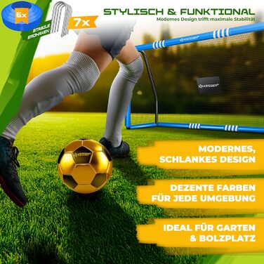 Ворота для футболу KESSER® для саду, 240 см, міцні, для тренувань, з UV-стійким сіткою, сталевий каркас з підкладкою, фіксатори для землі, насос, конуси, аксесуари для монтажу, для дітей та дорослих, блакитні