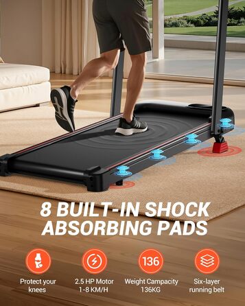 Lontek Walking Pad: Біговий килимок з нахилом 15% для дому з 2.5PS мотором та трійною амортизацією. Макс. навантаження 136 кг, чорний