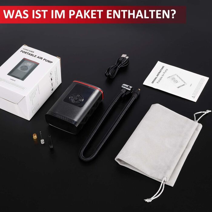 Hancaner електричний компресор-насос 6000mAh, 150 PSI, з великим дисплеєм і ліхтарем для авто, мотоцикла, велосипеда, м'ячів, 50 см шланг