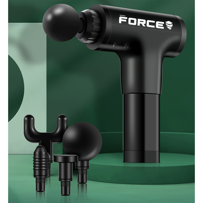 Перкусійний масажер Renew Force, чорний, 120 Вт, 10 насадок, акумуляторний/мережевий