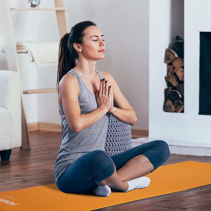 Йога-килимок POWRX Yogamatte Deluxe TPE (Mango, 173 x 61 x 0,5 см) — протиковзкий килимок для пілатесу, гімнастики та тренувань, екологічний