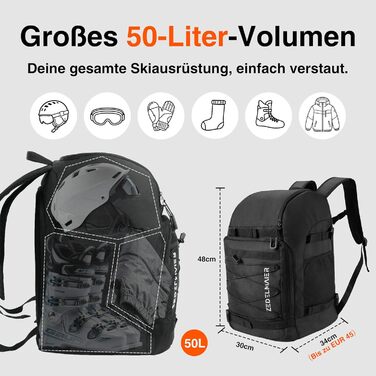 Рюкзак для лиж Zedelmaier 50L: для лиж, шолома, рукавиць та черевиків (до 45 розміру). Водонепроникний, чорний