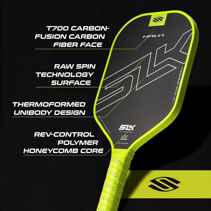 Pickleball ракетка Selkirk Sport SLK Halo: вуглецеве волокно, дизайн США, T700 Raw Carbon Fiber, 18K Ultraweave Control, Aramid Fiber Linkweave, зелена, 40.6 x 19.9 см