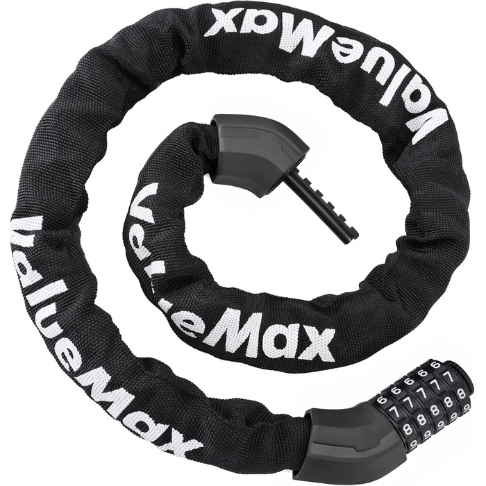 Замок для велосипеда ValueMax з кодовим замком, 100 см, 5-значний код, сталевий ланцюг 8 мм, чорний/білий