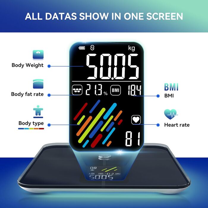 Цифрова Bluetooth вага для аналізу складу тіла HHW, 16 параметрів, великий дисплей, синя, з додатком