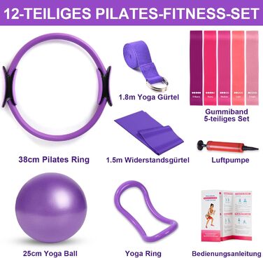 Набір для пілатесу вдома - 12 шт. (кільце 38 см, 5 еластичних стрічок, м'яч, інструкція)