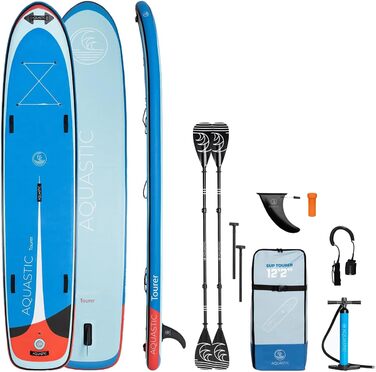 Надувна SUP-дошка AQUASTIC Tourer 12'2, 374 см, для 2 осіб, синя, з двома веслами та насосом, міцна еко Dropstitch MSL для водних прогулянок