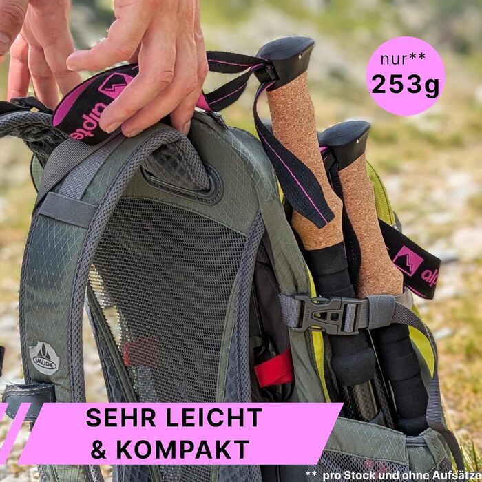 Тrekking-стійки для ходьби та гірських прогулянок: карбонові та алюмінієві, з ручками з корку | Дамські та чоловічі | Телескопічні, регульовані (алюміній 100-120 см, рожевий)