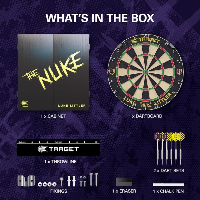 Професійний набір для дартсу Target Darts Luke Littler Kabinett & Dartboard Set 'The Nuke' з шафкою, двома наборами стілдарців та аксесуарами, ідеально підходить для гравців, включає пунктетаблиці, оригінальна гравецька версія