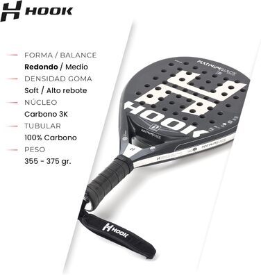 Унісекс падельна ракетка Hook Platinum Black Spyder, 355/365 г, 100% карбон, контроль 95%, EVA, середній баланс, піщане покриття, кругла форма
