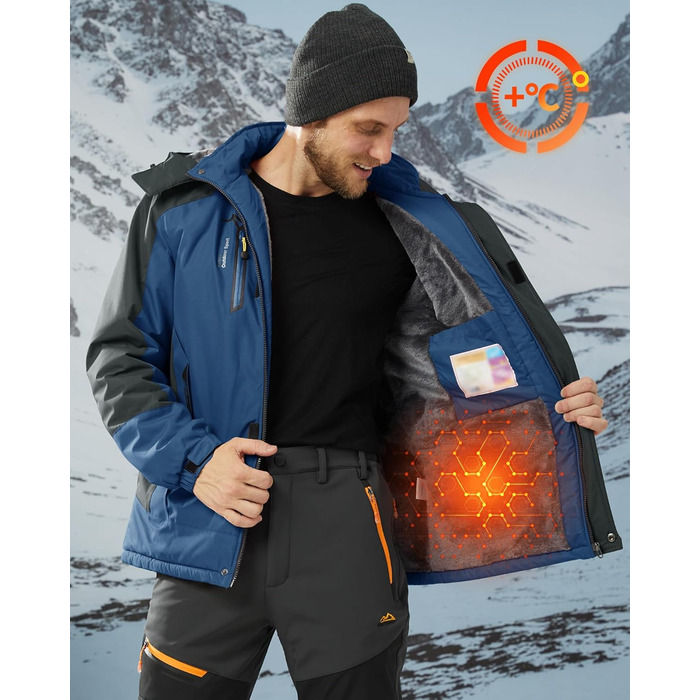 Зимова куртка KEFITEVD для чоловіків: водонепроникна, тепла, з капюшоном, softshell, флісова, розмір M, колір джинсовий блакитний