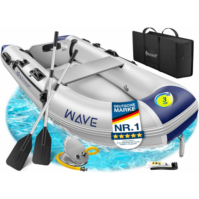 Надувний човен KESSER® Wave 230-320 см, комплект 6 в 1: човен, лавка, насос, весла, ремкомплект, сумка. Для моря, річки, мотора. Сіро-блакитний