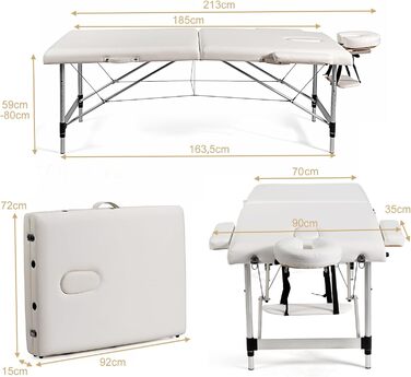 Масажний стіл Costway з алюмінієвого сплаву 70 см, 2-рівневий складний масажний стіл з сумкою, знімні підголовник та підлокітники, регульована висота для фізіотерапії та масажу
