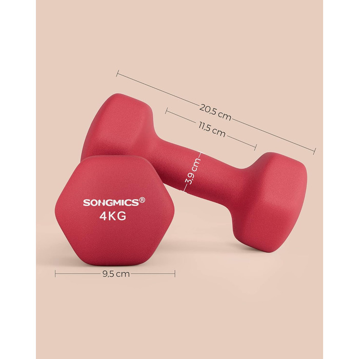 Гантелі SONGMICS 2×4 кг, шестигранні, неопрено́ві, набір для силових тренувань вдома, рубіново-червоні