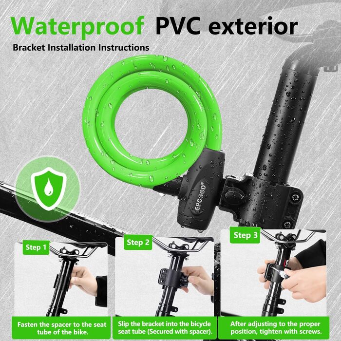 Замок для велосипеда 120см/12мм, високий рівень безпеки, кабельне спіральне кільце з 2 ключами, анти-крадіжка, для велосипеда, триколісного велосипеда, мотоцикла, скутера (зелений)