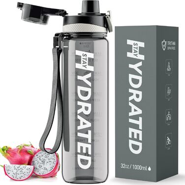 Спортивна пляшка для води 1л Tritan без BPA з міткою часу, сіра (1000 мл)