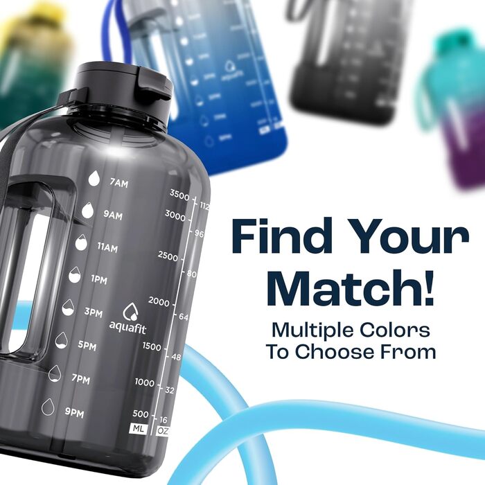 Фляга для води Aquafit з маркуванням часу - мотивуюча 3,5 л, чорна, з трубочкою, з пластику, 16 см x 30,48 см, багаторазова, для спорту та активного відпочинку, 3785 мл